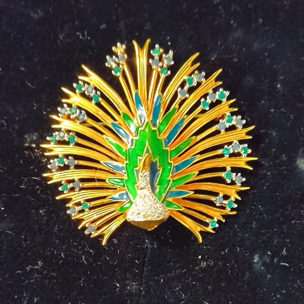 Peacock-Inspired Gold and Green Brooch